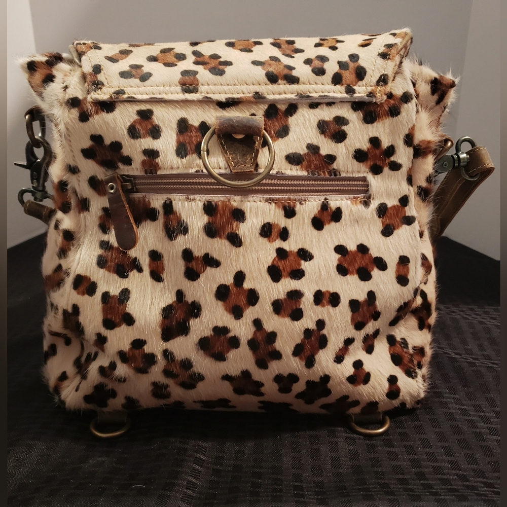 Myra Bag Cowhide Leopard Print Genuine Leather Accents Bag Brown Black - Picture 3 of 16